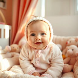 A cute and adorable baby smiling with bright eyes, wearing a cozy outfit in pastel colors, sitting comfortably in a soft nursery surrounded by plush toys and gentle sunlight streaming through the window, creating a warm and inviting atmosphere