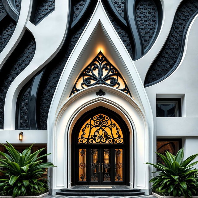 A stunning architectural facade designed using complementary colors of black and white, showcasing intricate patterns and textures