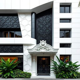 A stunning architectural facade designed using complementary colors of black and white, showcasing intricate patterns and textures