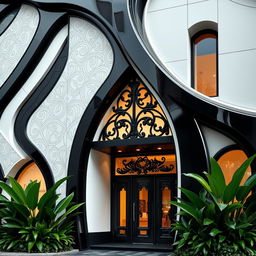 A stunning architectural facade designed using complementary colors of black and white, showcasing intricate patterns and textures