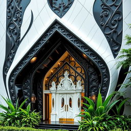 A stunning architectural facade designed using complementary colors of black and white, showcasing intricate patterns and textures