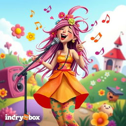 A whimsical and colorful depiction of a singing woman in the playful and imaginative style of the game IncredyBox
