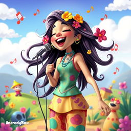 A whimsical and colorful depiction of a singing woman in the playful and imaginative style of the game IncredyBox