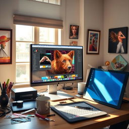 A vibrant digital workspace with a computer screen displaying a Photoshop CC interface, showcasing various photo editing tools and layers