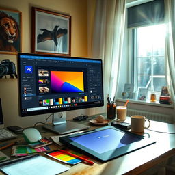 A vibrant digital workspace with a computer screen displaying a Photoshop CC interface, showcasing various photo editing tools and layers
