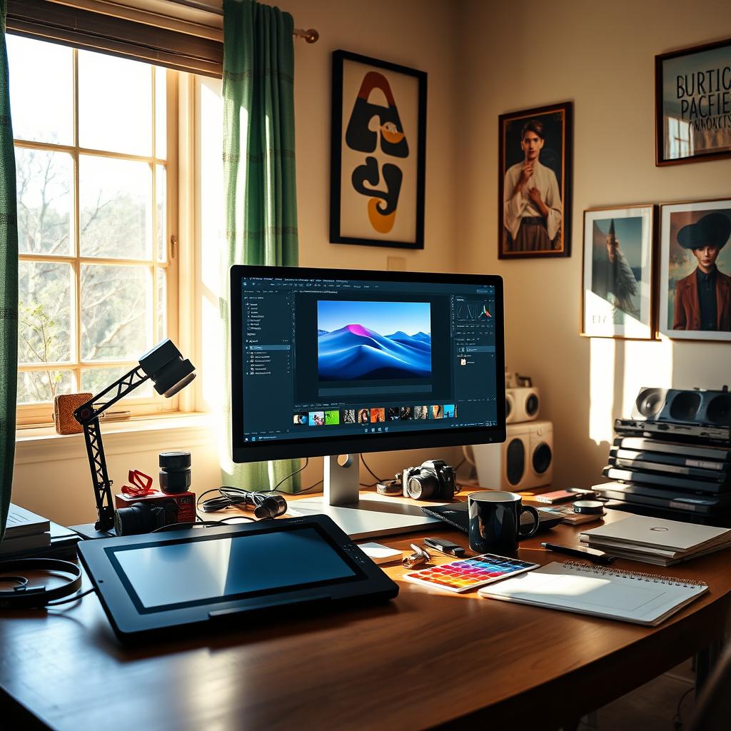 A vibrant digital workspace with a computer screen displaying a Photoshop CC interface, showcasing various photo editing tools and layers