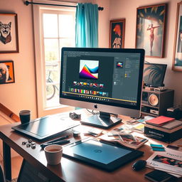 A vibrant digital workspace with a computer screen displaying a Photoshop CC interface, showcasing various photo editing tools and layers