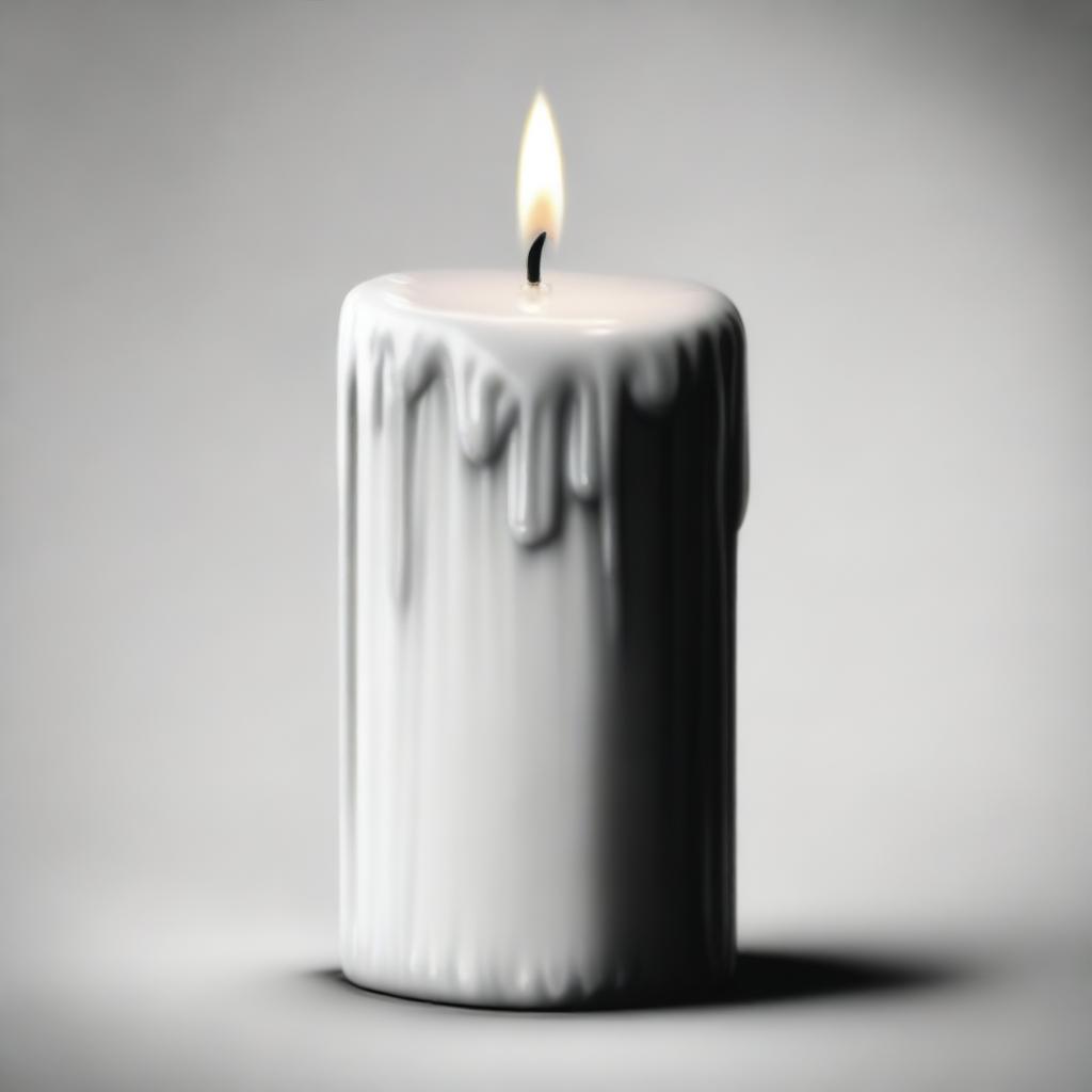 A high-definition pencil drawing of a large, round candle with wax melting and dripping down its sides