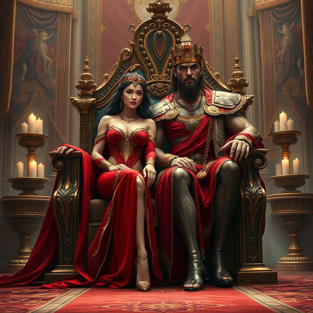 Nimrod and Semiramis sitting majestically on a grand throne, surrounded by opulent decor that reflects ancient royalty