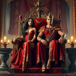 Nimrod and Semiramis sitting majestically on a grand throne, surrounded by opulent decor that reflects ancient royalty