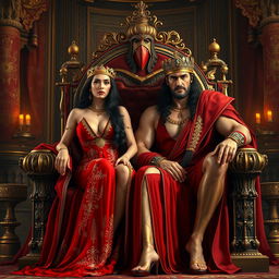 Nimrod and Semiramis sitting majestically on a grand throne, surrounded by opulent decor that reflects ancient royalty