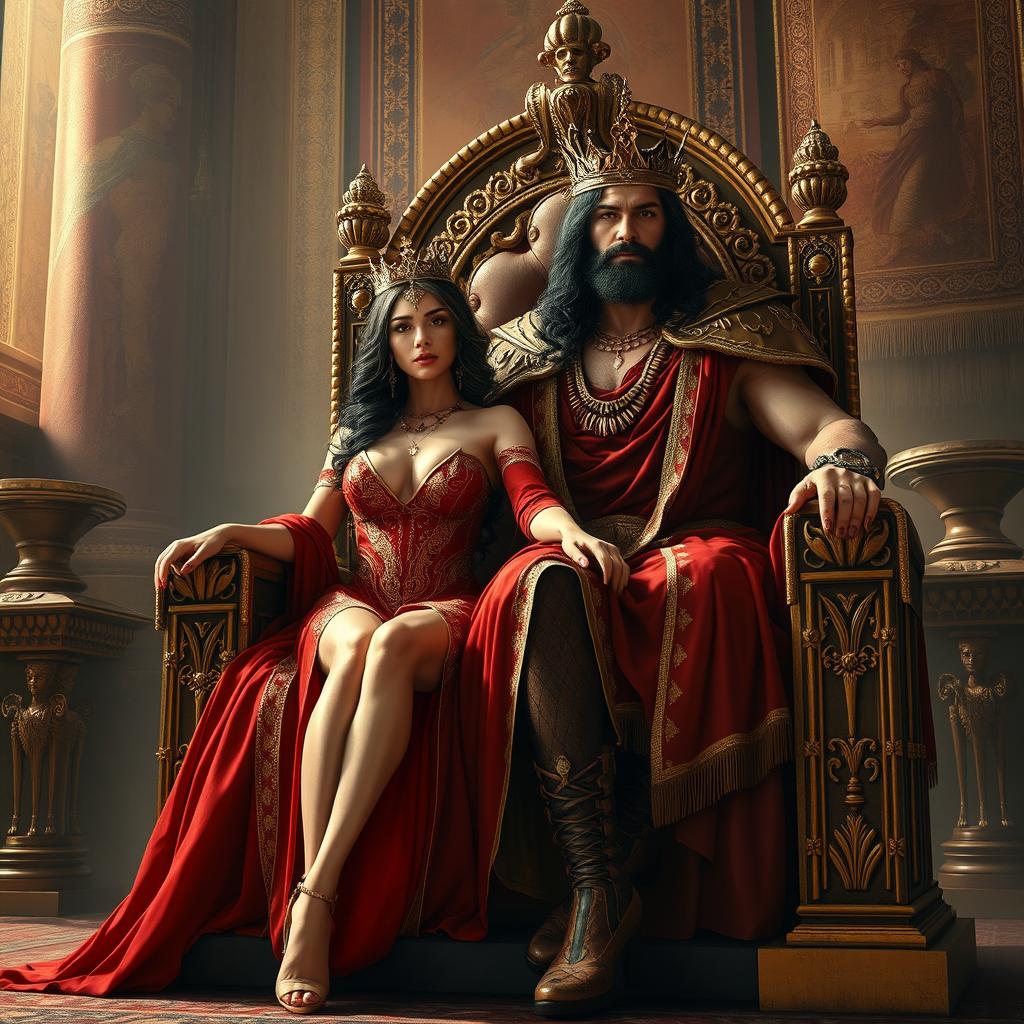 Nimrod and Semiramis sitting majestically on a grand throne, surrounded by opulent decor that reflects ancient royalty