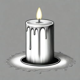 A high-definition black and white pencil drawing, presenting a large, round candle with wax melting and cascading down its sides