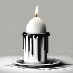 A high-definition black and white pencil drawing, presenting a large, round candle with wax melting and cascading down its sides