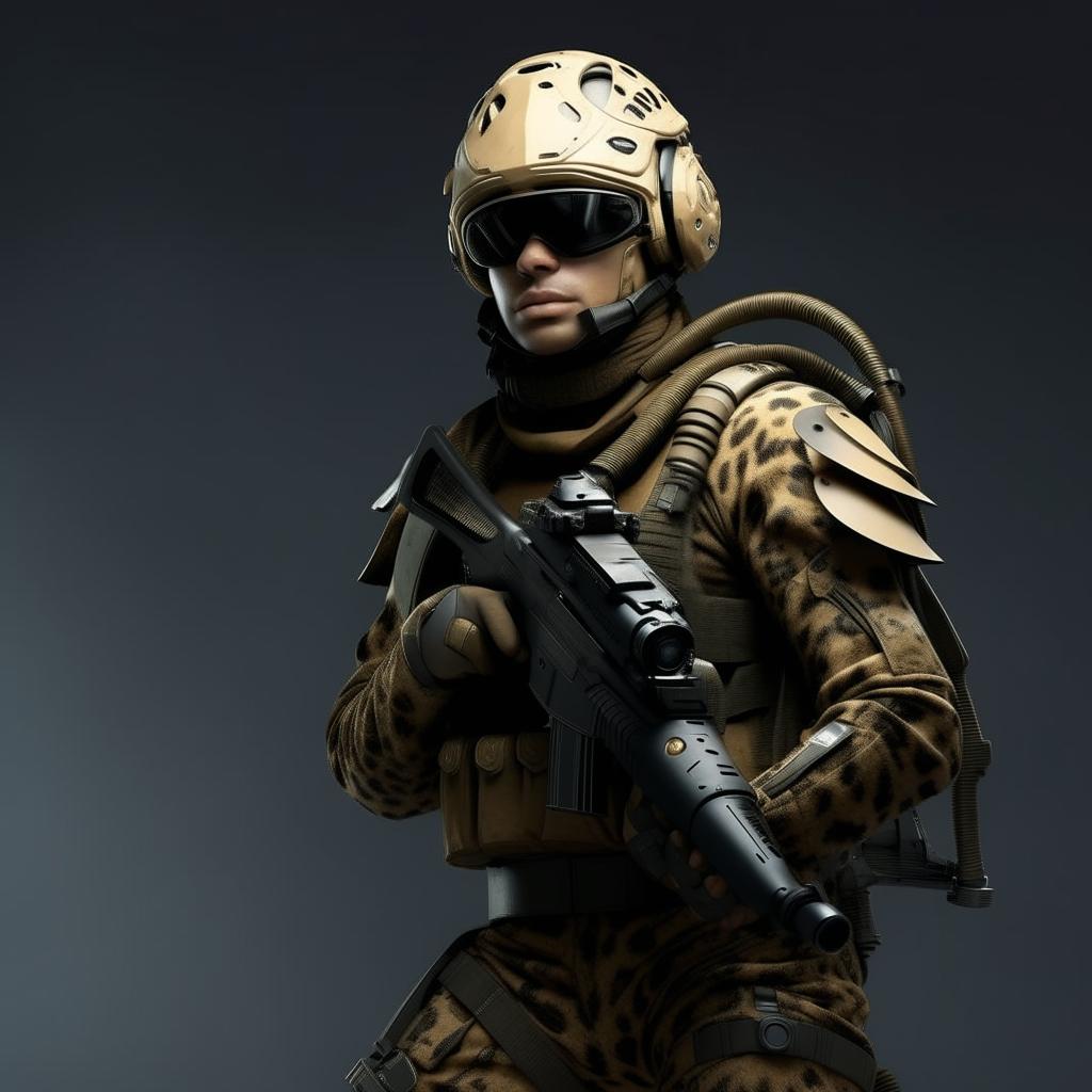 male in futuristic leopard-concept combat gear 