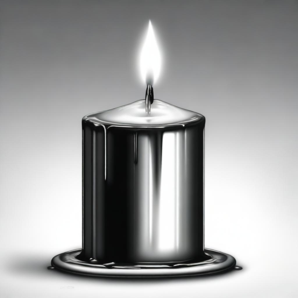 A high-definition black and white pencil drawing, presenting a large, round candle with wax melting and cascading down its sides