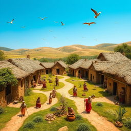A detailed recreation of an ancient Roman primitive village featuring mud-brick huts with thatched roofs, winding dirt paths, and lush greenery surrounding the homes