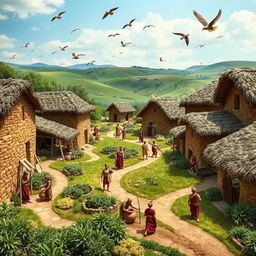 A detailed recreation of an ancient Roman primitive village featuring mud-brick huts with thatched roofs, winding dirt paths, and lush greenery surrounding the homes
