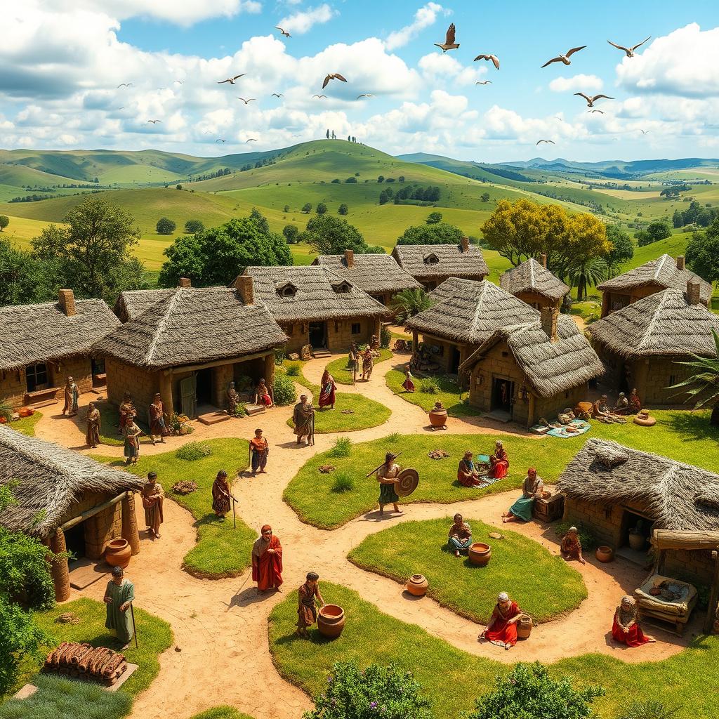 A detailed recreation of an ancient Roman primitive village featuring mud-brick huts with thatched roofs, winding dirt paths, and lush greenery surrounding the homes