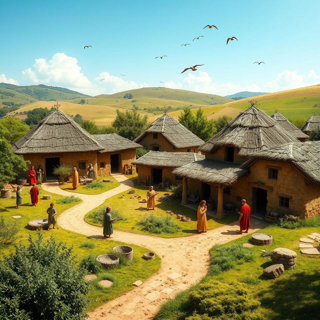 A detailed recreation of an ancient Roman primitive village featuring mud-brick huts with thatched roofs, winding dirt paths, and lush greenery surrounding the homes