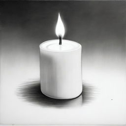 A high-definition black and white pencil drawing, showcasing a small tea candle