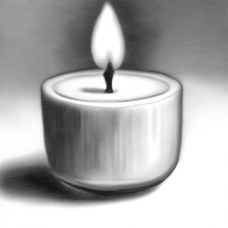 A high-definition black and white pencil drawing, showcasing a small tea candle