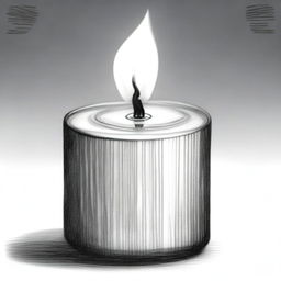 A high-definition black and white pencil drawing, showcasing a small tea candle