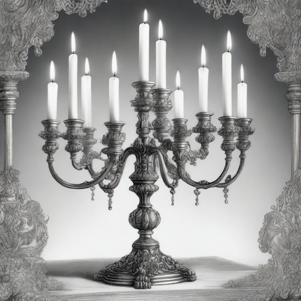 A high-definition black and white pencil drawing, featuring an elaborate candelabra adorned with multiple candles