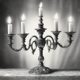 A high-definition black and white pencil drawing, featuring an elaborate candelabra adorned with multiple candles