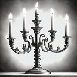 A high-definition black and white pencil drawing, featuring an elaborate candelabra adorned with multiple candles