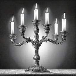 A high-definition black and white pencil drawing, featuring an elaborate candelabra adorned with multiple candles