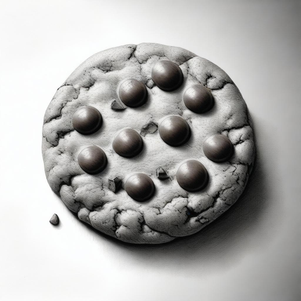 A black and white pencil drawing of a chocolate chip cookie, executed with hyper-realistic precision