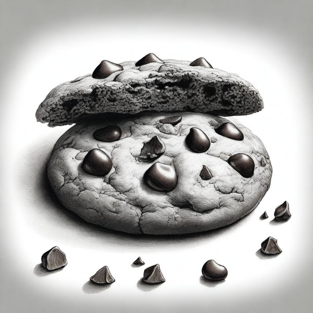 A black and white pencil drawing of a chocolate chip cookie, executed with hyper-realistic precision