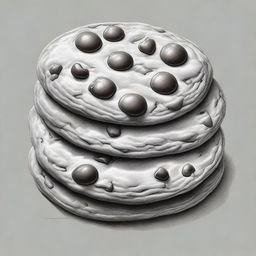 A black and white pencil drawing of a chocolate chip cookie, executed with hyper-realistic precision