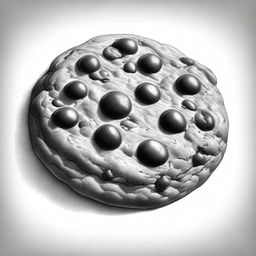 A black and white pencil drawing of a chocolate chip cookie, executed with hyper-realistic precision