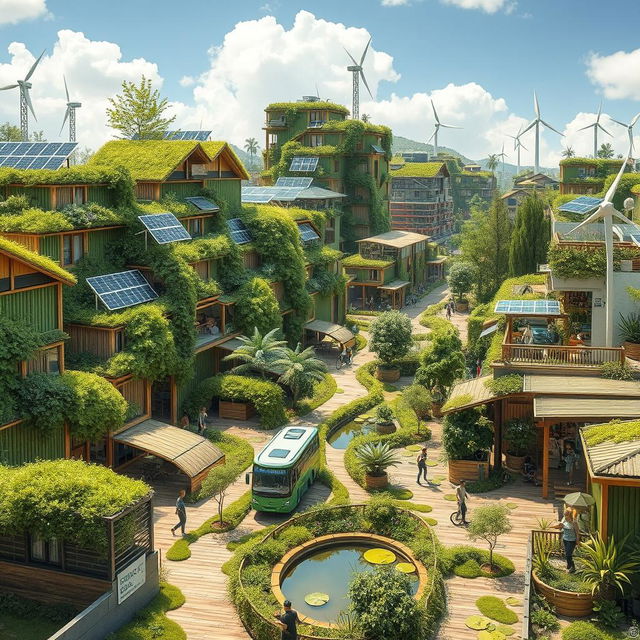 A vibrant and futuristic sustainable cityscape showcasing green buildings adorned with lush vegetation and bamboo facades