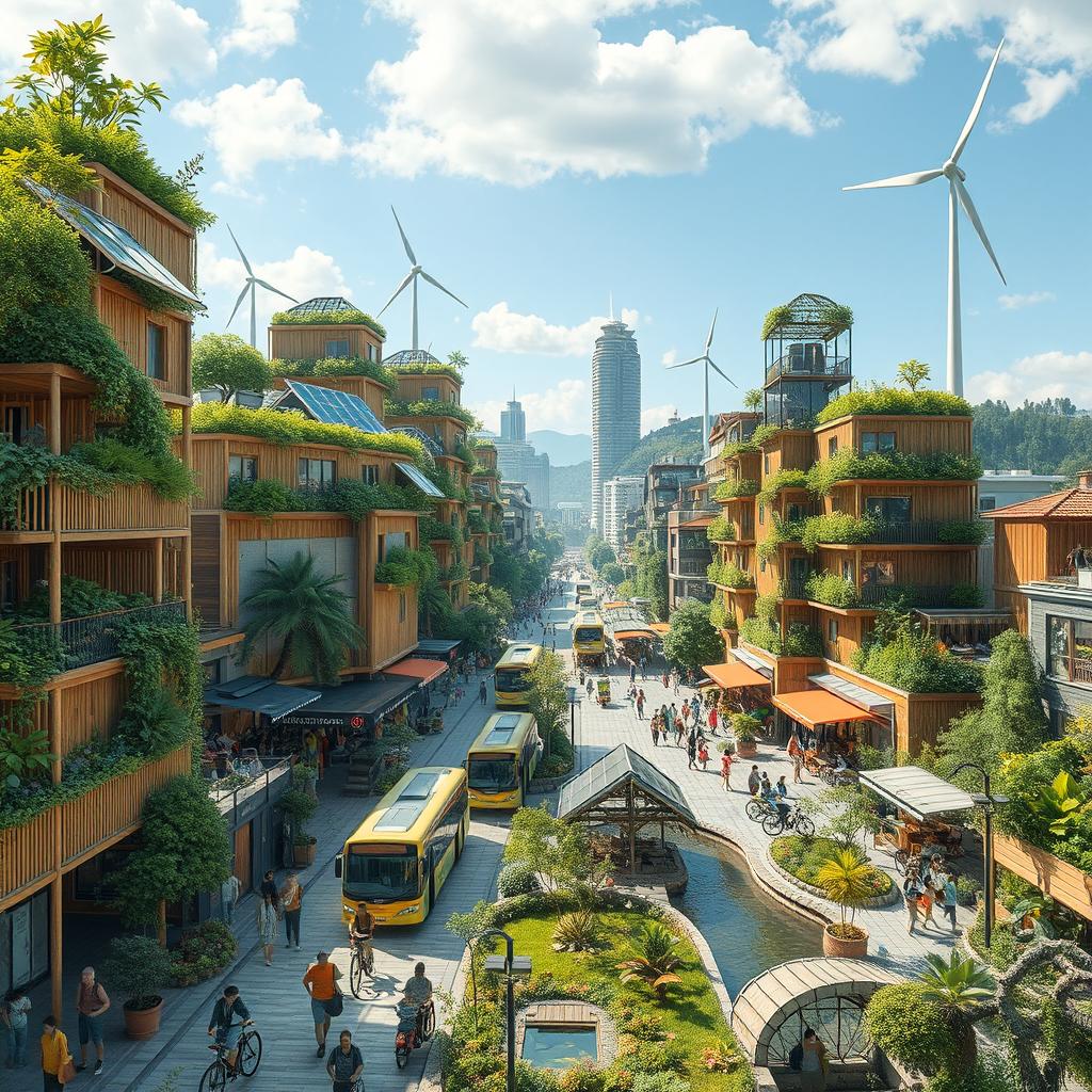 A vibrant and futuristic sustainable cityscape showcasing green buildings adorned with lush vegetation and bamboo facades