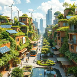 A vibrant and futuristic sustainable cityscape showcasing green buildings adorned with lush vegetation and bamboo facades