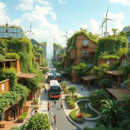 A vibrant and futuristic sustainable cityscape showcasing green buildings adorned with lush vegetation and bamboo facades