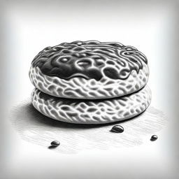 A high-definition pencil drawing of a jam biscuit, rendered in black and white