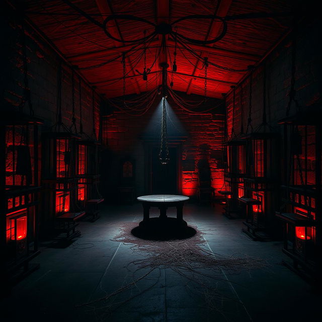 A 19th century torture chamber, spacious and ominous, illuminated with haunting red and black lighting