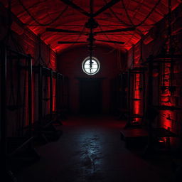A 19th century torture chamber, spacious and ominous, illuminated with haunting red and black lighting