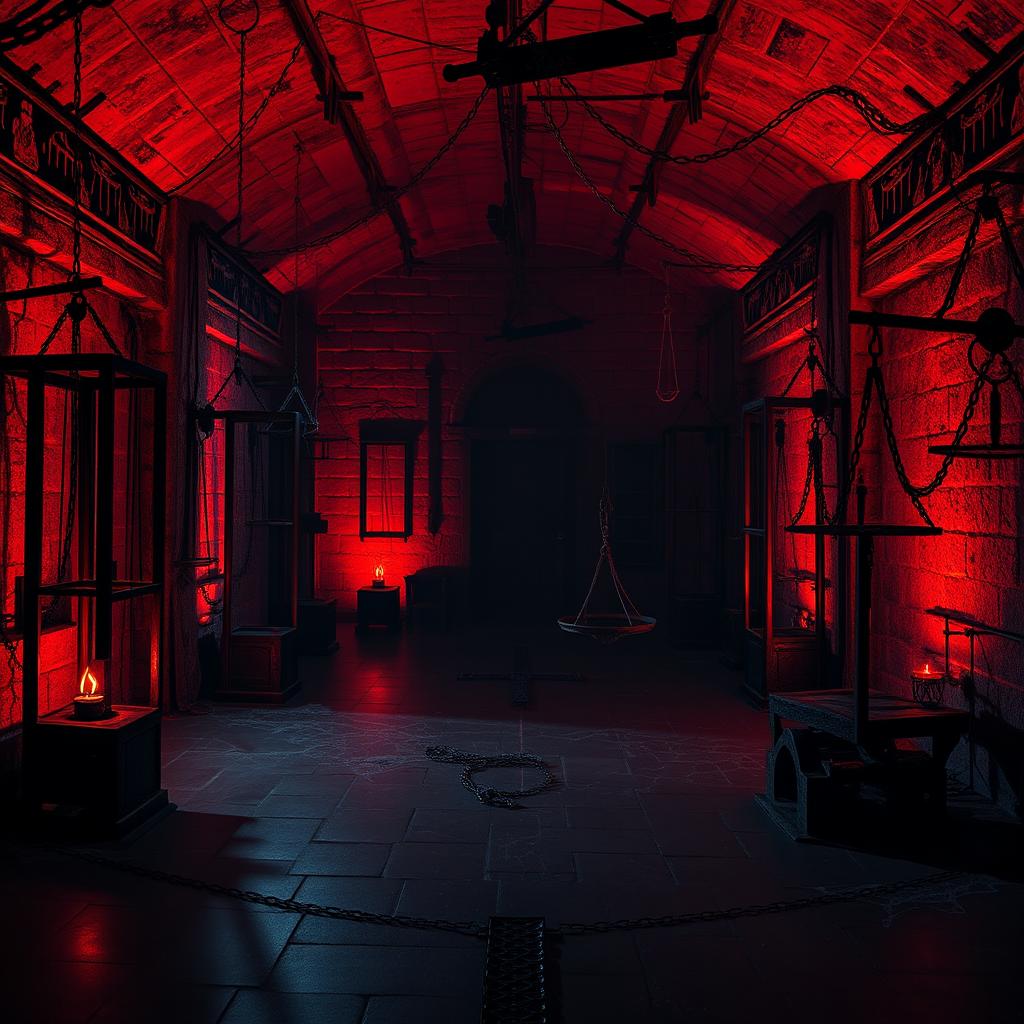 A 19th century torture chamber, spacious and ominous, illuminated with haunting red and black lighting