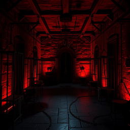 A 19th century torture chamber, spacious and ominous, illuminated with haunting red and black lighting
