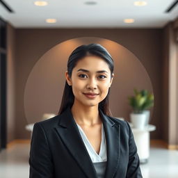 A professional portrait of a person wearing a sleek black suit, showcasing a clear and confident expression