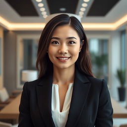 A professional portrait of a person wearing a sleek black suit, showcasing a clear and confident expression