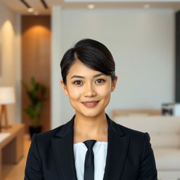 A professional portrait of a person wearing a sleek black suit, showcasing a clear and confident expression