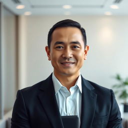 A professional portrait of a person wearing a sleek black suit, showcasing a clear and confident expression
