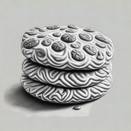 A high-definition pencil drawing of a jam biscuit, rendered in black and white