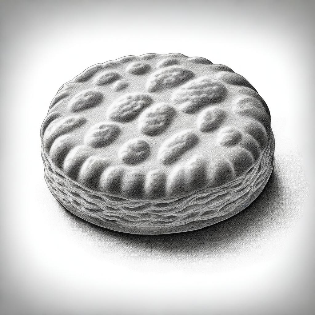 A high-definition pencil drawing of a biscuit, depicted in black and white